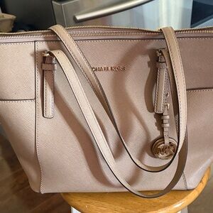 Michael Kors Blush Beige Saffiano Leather Tote with Gold Logo Charm